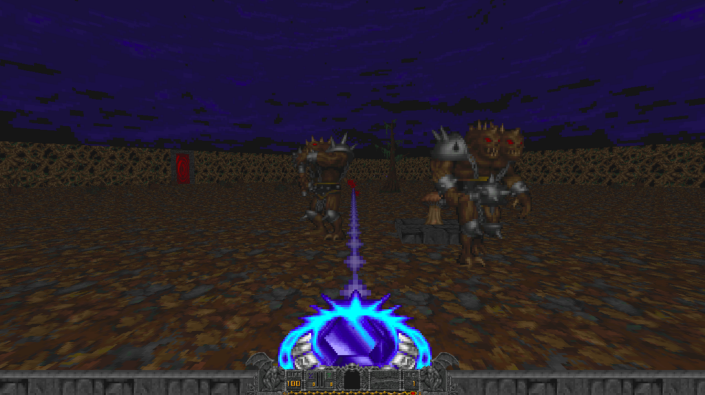 A first-person view of the mage in the video game Hexen shows the player shooting magic at a monster in an outdoor area.