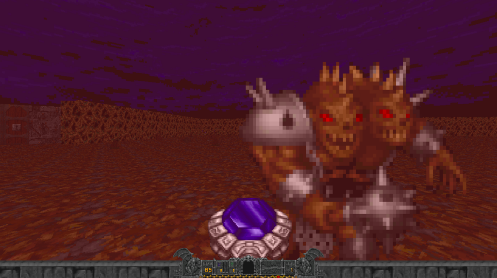 A first-person view of the mage in the video game Hexen shows the player being attacked by a monster in an outdoor area.
