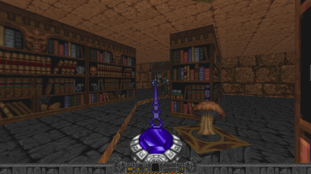 A first-person view of the mage in the video game Hexen shows the player shooting magic at a monster in a library.