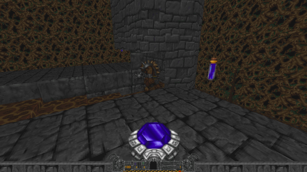 A first-person view of the mage in the video game Hexen shows the player sneaking up on a monster in a castle area.
