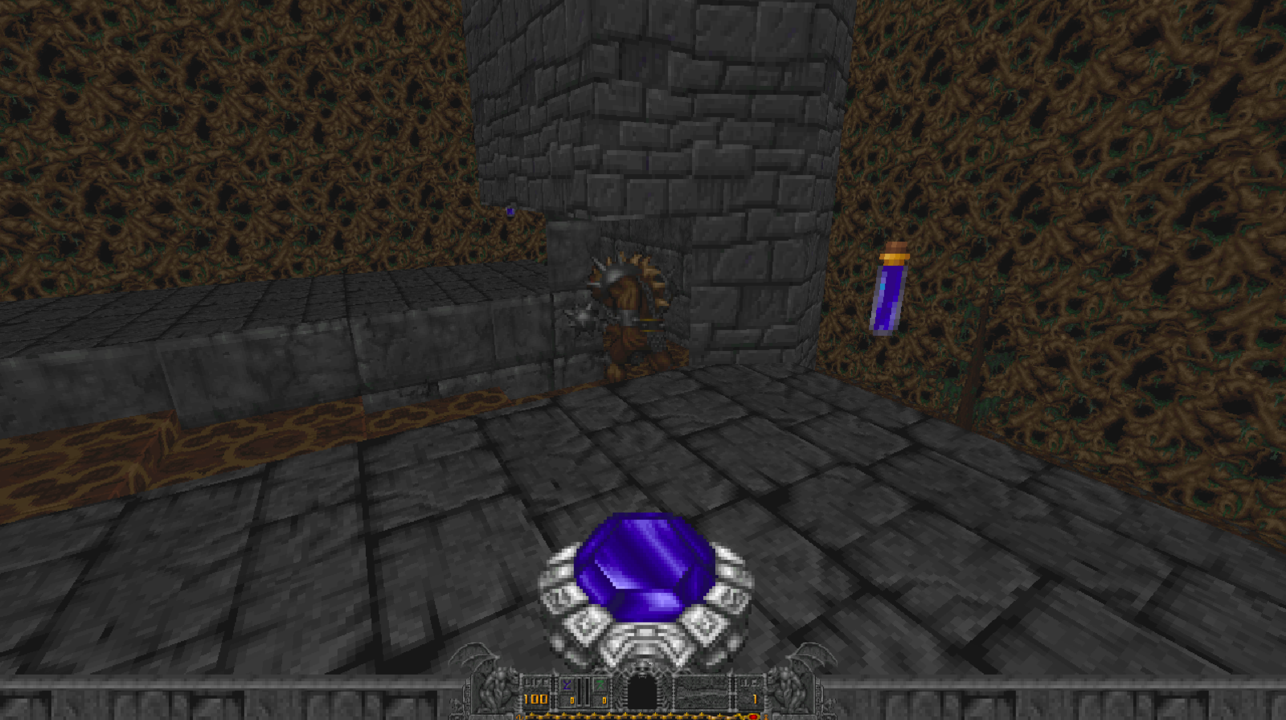 A first-person view of the mage in the video game Hexen shows the player sneaking up on a monster in a castle area.