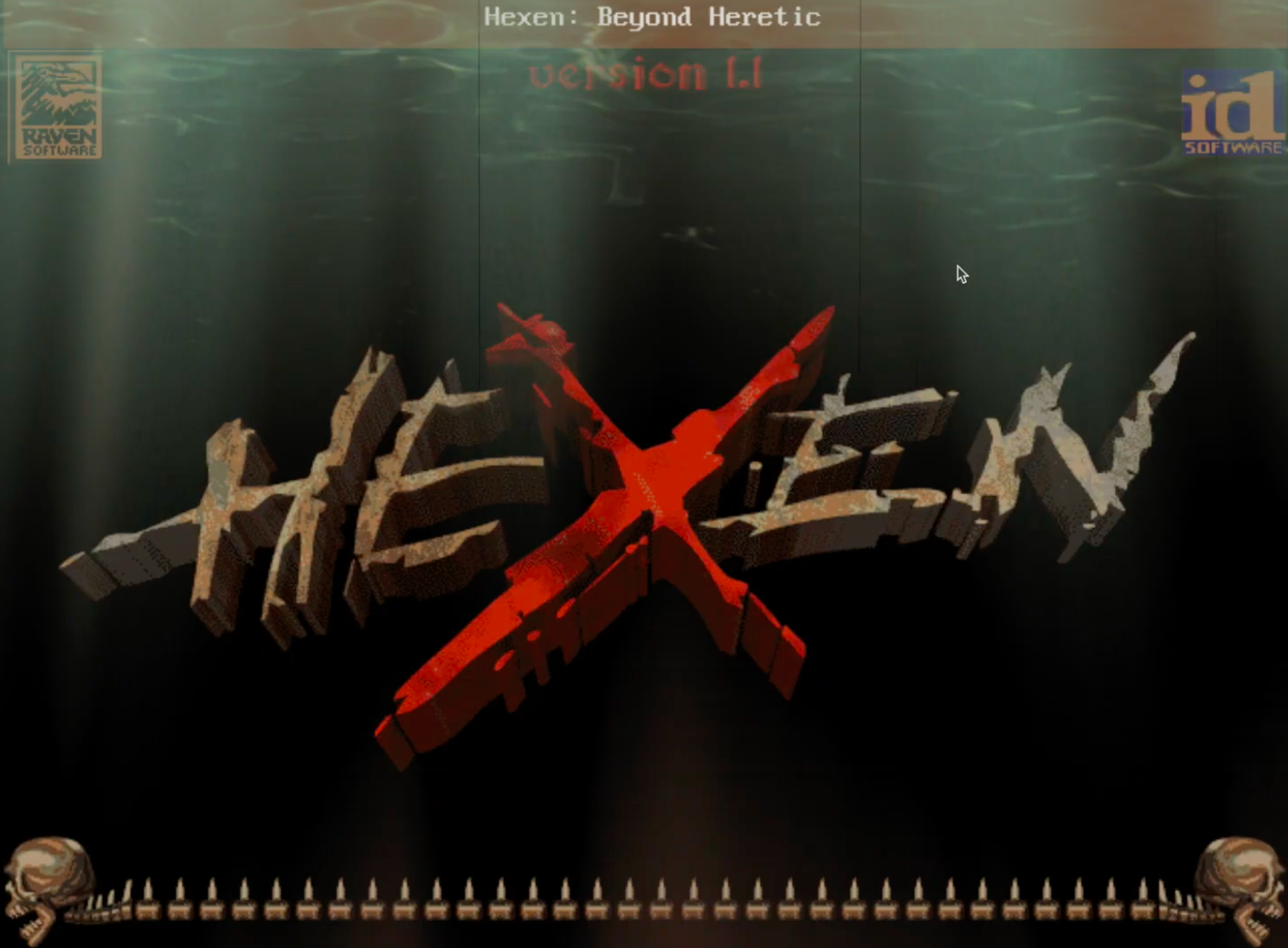 Hexen video game title screen. "Hexen: Beyond Heretic" "Version 1.1" "RAVEN Software" "id Software" "HEXEN."